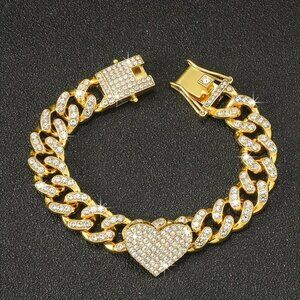 Beautiful Iced Out Yellow Gold Plate Heart Bracelet